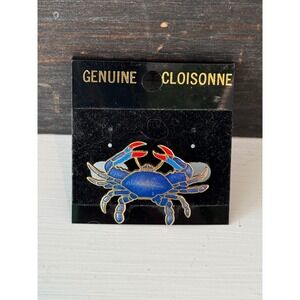 Genuine Cloisonne Blue Crab Pin Gold Tone Nautical Enamel Brooch 1.5 Inch